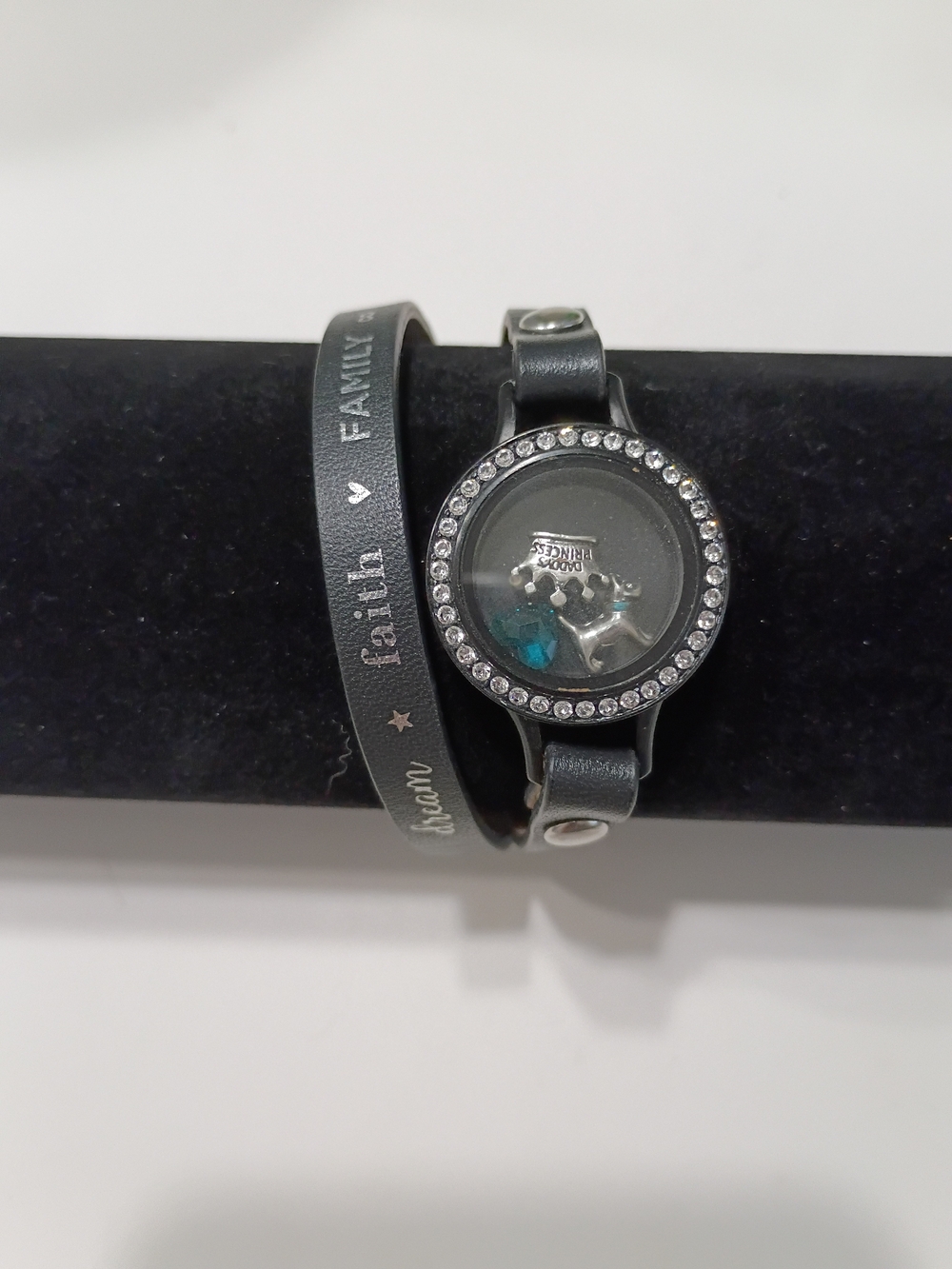 Black Leather Floating Charm Locket Bracelet with Crystals